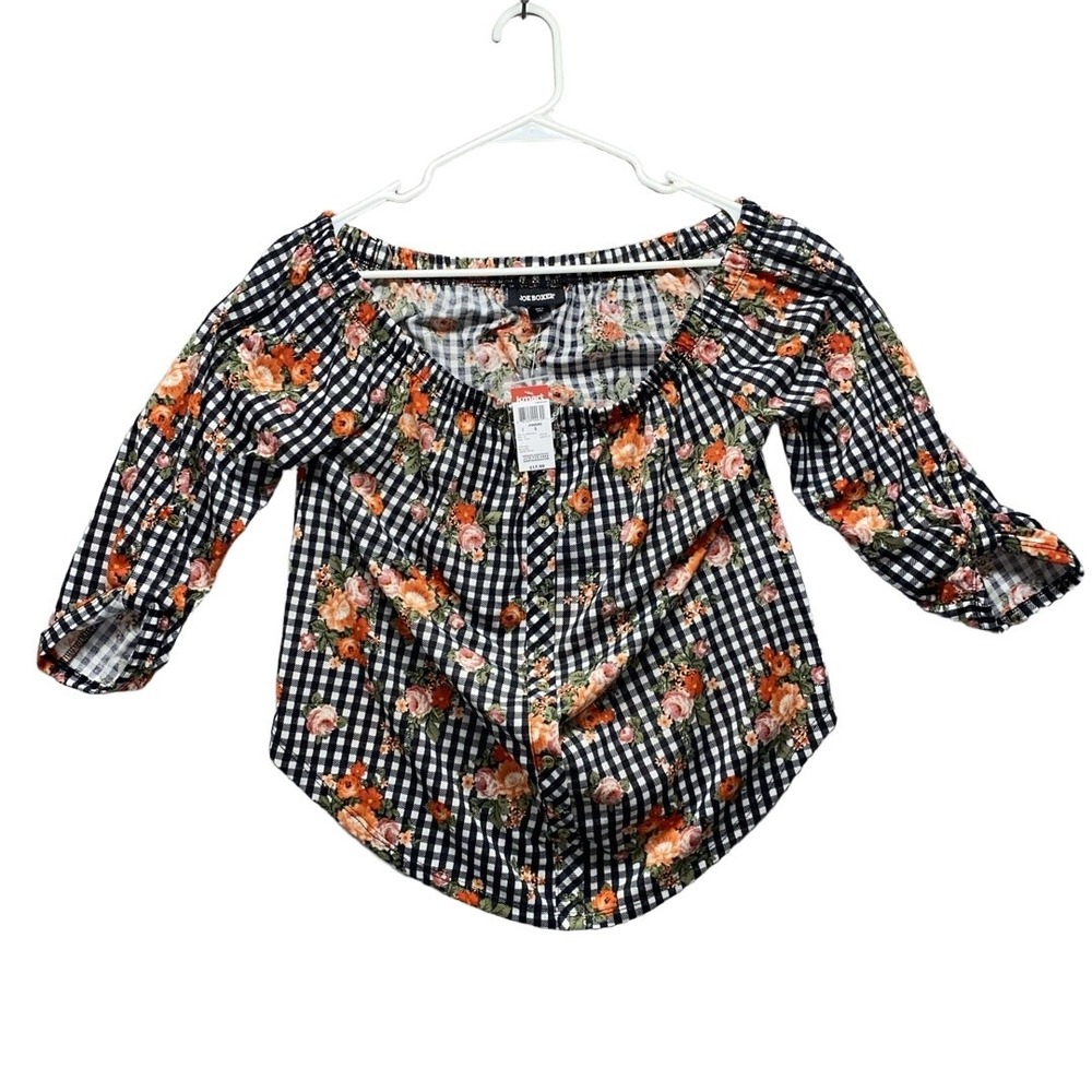 NWT JOE BOXERβ Womens Off Shoulder Top Size Juniors L Black Gingham Floral Boho